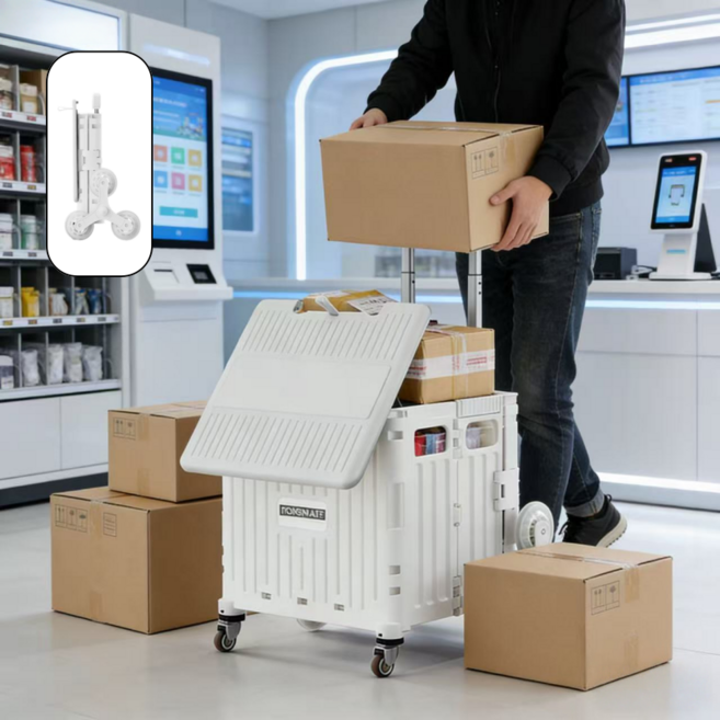 3바퀴 계단 폴딩 쇼핑카트 일체형 슬라이딩 뚜껑 무소음 바퀴 핸드카트 다용도 피크닉 카트, 1개, 화이트