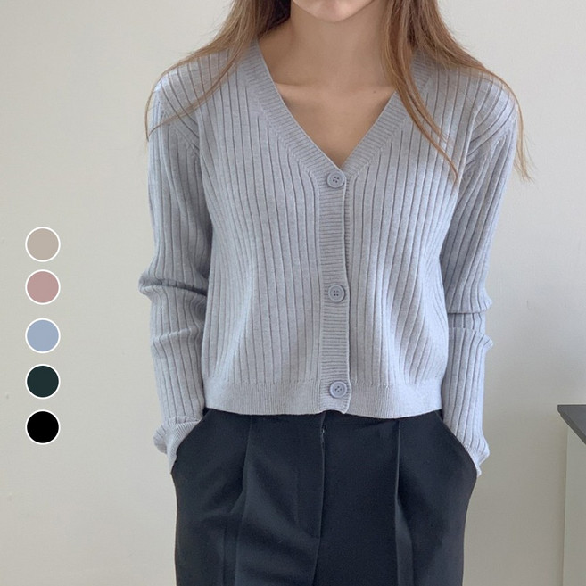 [국내제작] 여성 브이넥 골지 가디건 세미크롭 베이직 기본핏 봄 가을 겨울 니트 데일리 간절기 긴팔