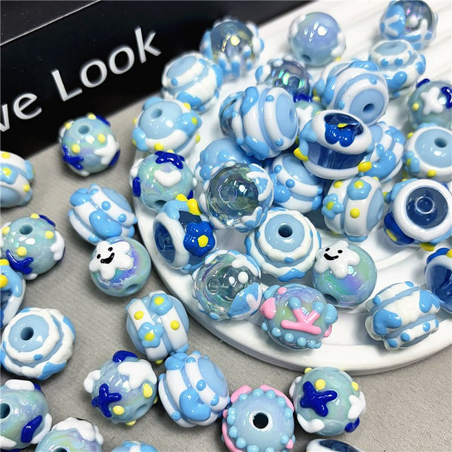 16mm 핸드페인팅 아쿠아블루 비즈공예 폰줄 팔찌 키링재료