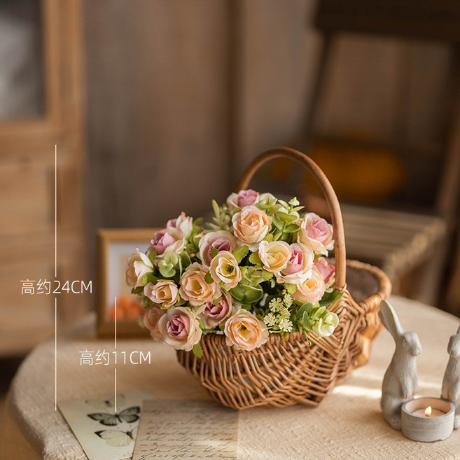 手工草編花籃 田園風客廳裝飾擺件插花籃, 1件, 2束吉祥玫漸變紫和23CM 手提橢圓花籃:1