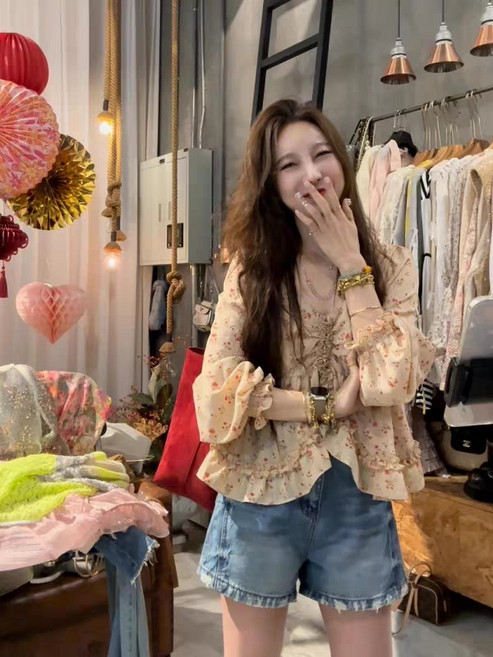 法式設計感碎花提花收腰襯衫上衣