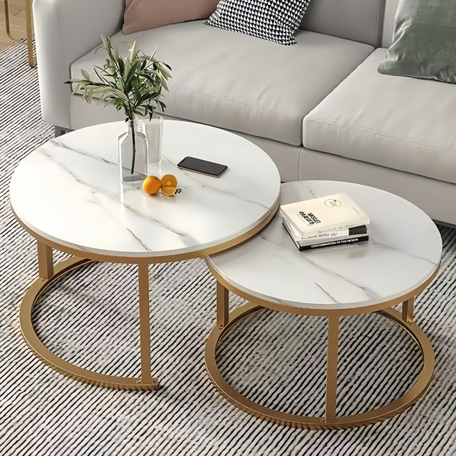 Briliant 거실테이블 원형 테이블 70+50cm 대리석 표면 원형 거실 커피 테이블 G518-077, 흰색 + 흰색 (70+50cm)