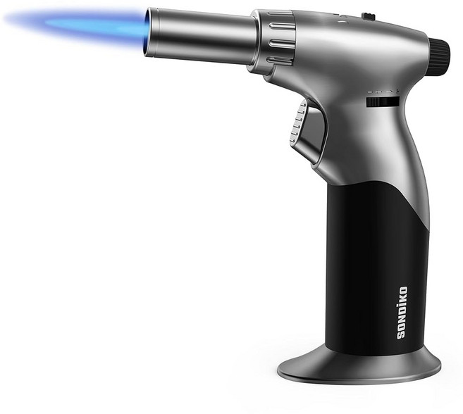 손디코 부탄 듀얼 조절 가능한 화염 크기 토치 라이터 미니 블로우 토치 크림 브륄레를 위한 연속 잠금 장치가 있는 리필 주방 요리 (부탄 가스는 포함되지 않음), Silver & Black