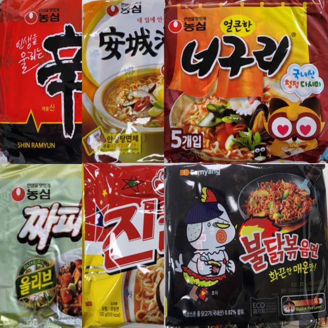 농심신라면+안성탕면+얼큰너구리+짜파게티+진라면매운+불닭볶음면 봉지 낱개 3개씩, 18개