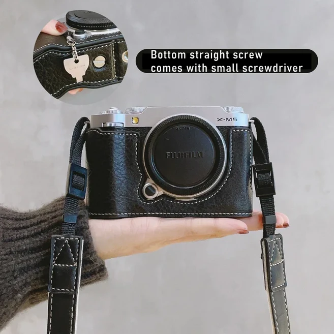 Fujifilm X-M5 용 보호 커버 카메라 케이스 가죽 카메라 가방 하프 베이스 바디 케이스 Fuji XM5 손목 스, 11 Black  Base Strap