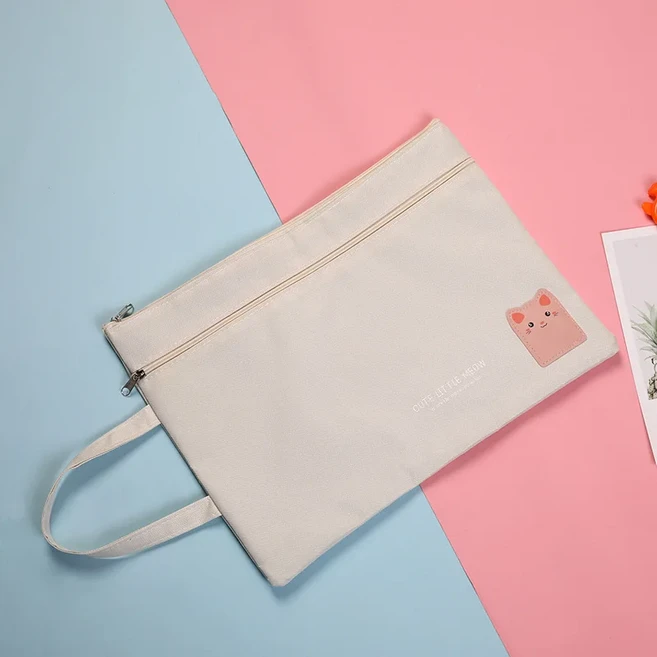 옥스포드 원단으로 제작된 귀여운 학생 만화 지퍼 파일 가방 A4 사이즈 더블 레이어 파일/문서/재료/추가, 01 White with Cat