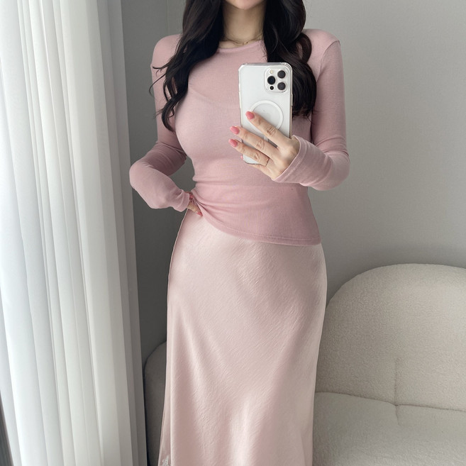 텐셀 부드러운 베이직 무지 라운드 슬림핏 기본 이너 긴팔 티셔츠 5컬러