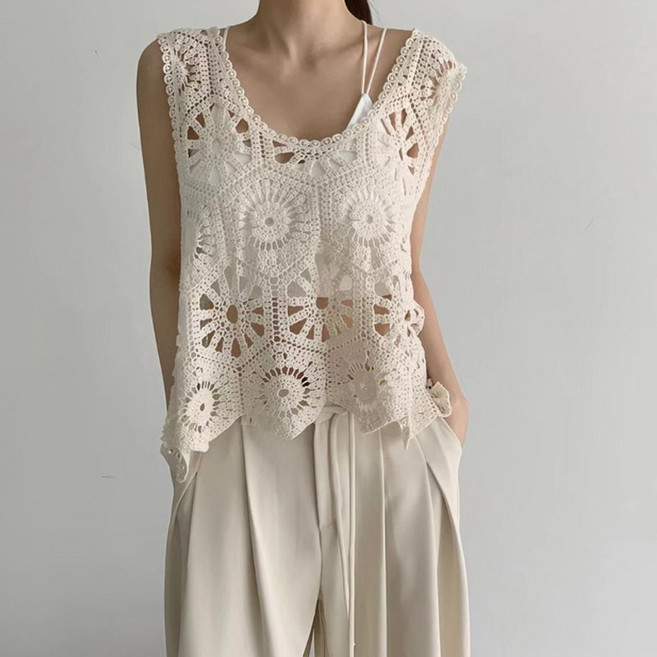 네츄럴 여리핏 크로셰 니트 조끼 베스트