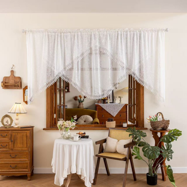 MorningSea 프랑스식 전원풍 레이스 플라워 커튼 카페 창문 아치형 짧은 커튼