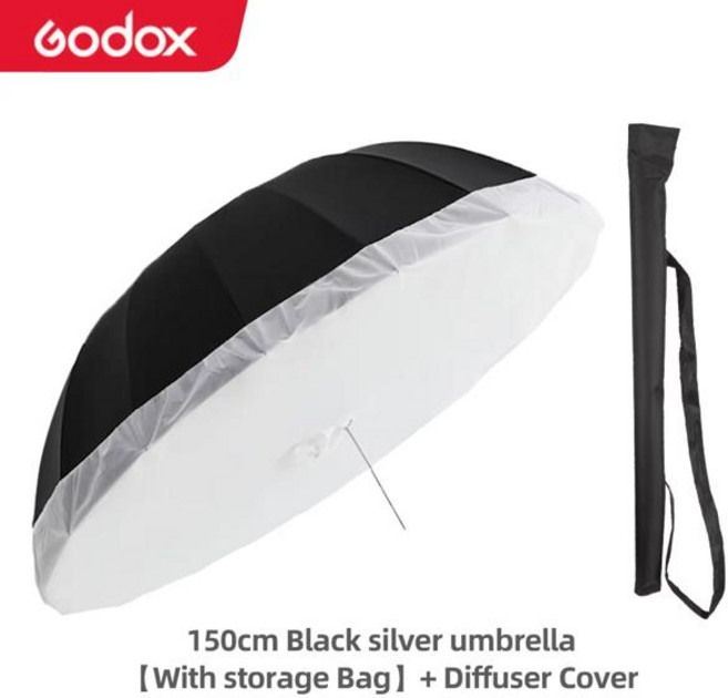 Godox 블랙 화이트 또는 실버 반사 우산 스튜디오 조명 대형 디퓨저 커버 포함 60 인치 150cm, 01 150cm Black Silver, 1개