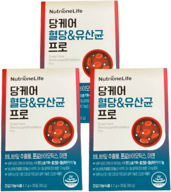 뉴트리원 당케어 혈당 & 유산균 프로 30포 x 3박스 Nutrione Life 바나나잎 추출물 프로바이오틱스 아연 장건강 식후 혈당 상승 케어 정상적인 면역 기능, 60g