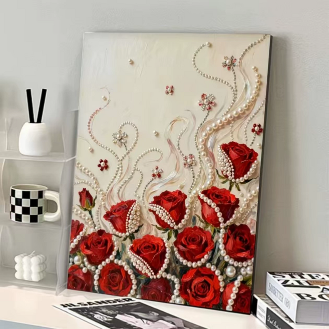 브리안트 진주 그림 보석십자수 DIY 키트 캔버스형, 1개, 장미