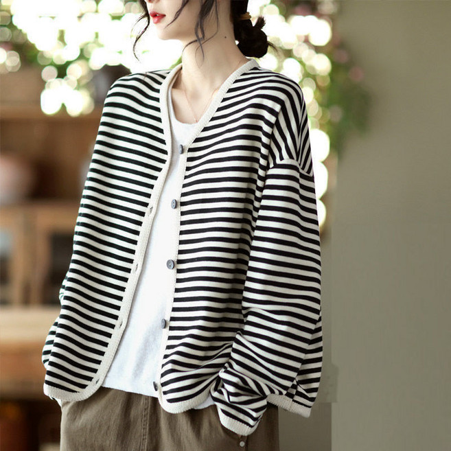timepure 가을 여성 스트라이프 니트 가디건 루즈핏 기분 브이넥 아우터 데이리 상의