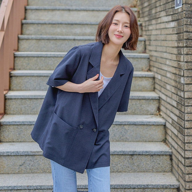 로로텐 더블버튼 테일러드 카라 반팔 자켓 정장 루즈핏 여성 빅사이즈