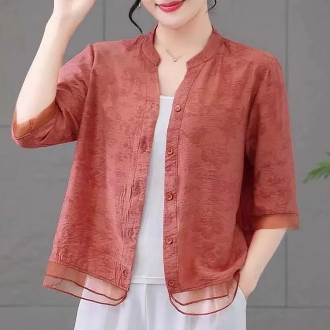 MOSAIRATION 여성 자카드 패턴 라운드 차이나넥 버튼 오픈 루즈핏 캐주얼 데일리 7부 셔츠 B06030503