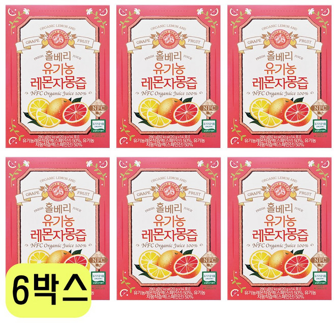 [레자몽/6박스] 홀베리 유기농 레몬자몽즙 6박스 (총 84포), 20g, 84개