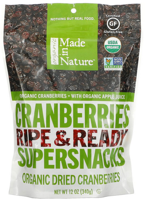 Made in Nature 유기농 건조 크랜베리 라이프 & 레디 슈퍼스낵 340g(12oz) 1팩, 1개
