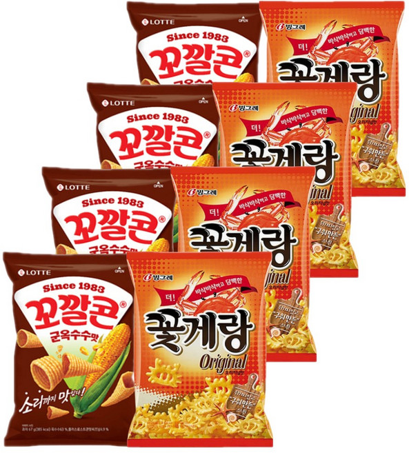 롯데 크라운 스낵모음 꼬깔콘 군옥수수 67gx4P+꽃게랑 70gx4P (총8P), 1세트, 548g