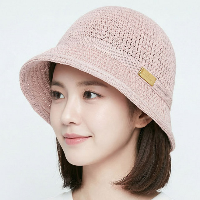 베이직엠 여성 여름모자 버킷햇 은사스타일 골드사각패치 여름 니트