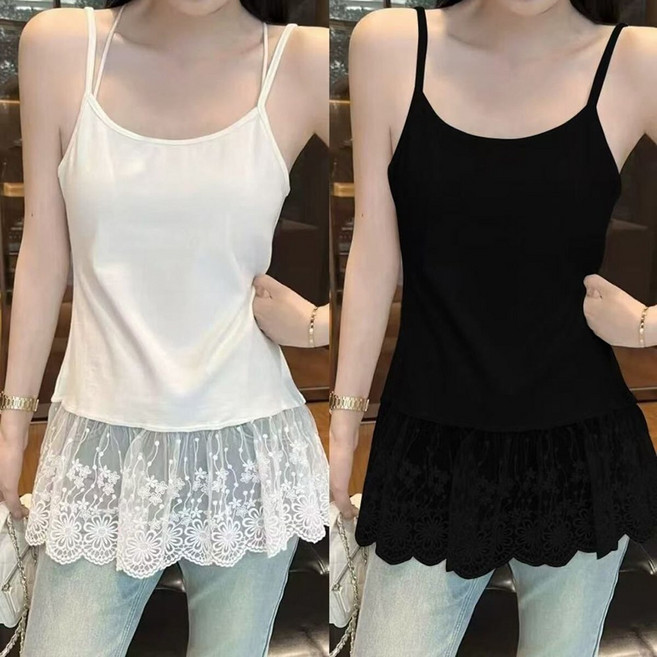 ROYALBELLE 1+1 (2종세트) 여성 레이스 밑단 프릴 슬림핏 나시 레이어드 티셔츠 D0102250016