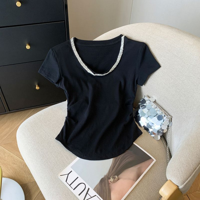 해피유통어린이 여자 반팔 브이넥 티셔츠 심플 스팽글 장식14세 이상 XG03