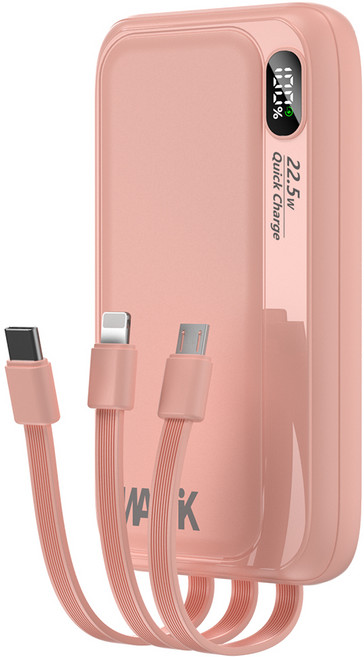 WAPIK PD 22.5W 일체형 대용량 보조배터리 고속충전 M1 10000mAh QC3.0 잔량표시, 핑크