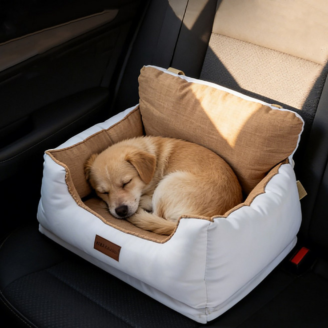 유미코 차량용 강아지 카시트 휴대용 애견 집 반려견 자동차시트, 1개, 화이트+브라운