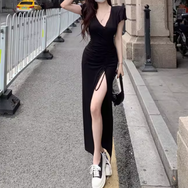 쌍천 섹시한 브이넥 스트링 트임 반팔 원피스 이브닝 상견례 슬림핏 롱 원피스 A26033022