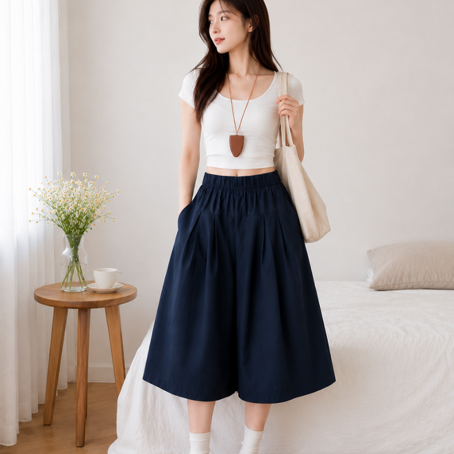 여성 데일리 밴딩 와이드팬츠 7부 통바지 큐롯 치마바지