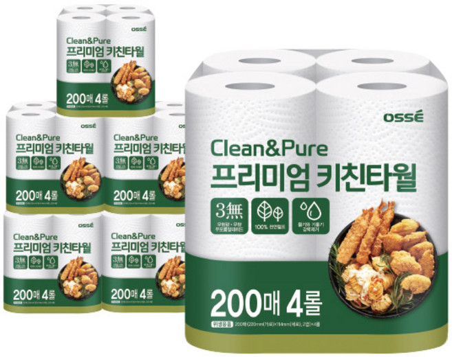 클린앤퓨어 키친타올 200매 x 4롤 6개입 (총 24롤), 6개, 4개입