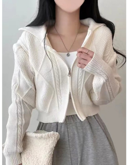 쪼예 꽈배기 카라 투웨이 크롭 니트 집업