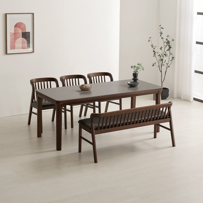 라로퍼니처 허그 1900 포세린 통 세라믹 6인 고무나무 원목 식탁 세트, 식탁+의자3+벤치1(그레이상판)