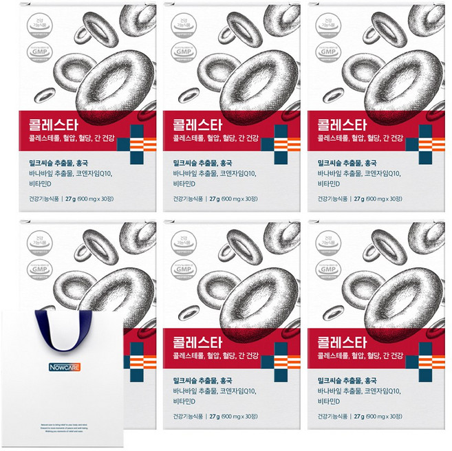 나우케어 콜레스타 홍국 LDL콜레스테롤 혈압 혈행 간건강 밀크씨슬 쇼핑백 포함, 6개, 30정