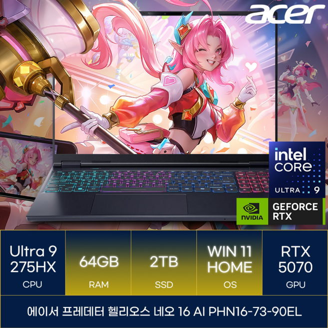 에이서 프레데터 헬리오스 네오 16 AI PHN16-73-90EL, WIN11 Home, 64GB, 2TB, 블랙