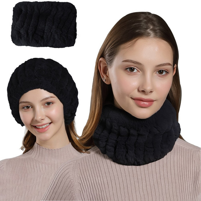부드러운 렉스 토끼털 넥워머 헤어밴드 리얼퍼 겨울넥워머 털밴드 퍼워머, 블랙