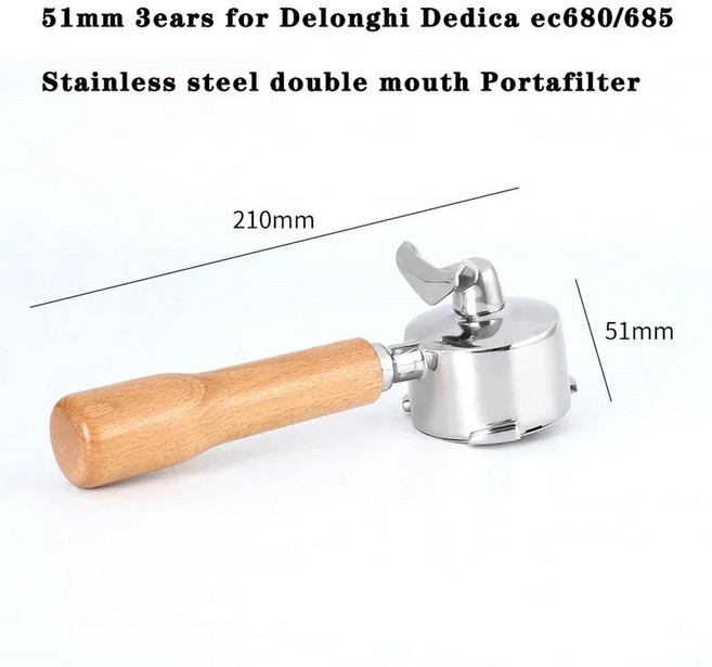 Delonghi Dedica 커피 기계용 포터필터 스테인리스 스틸 더블 스파우트 손잡이 기구 Ec680 685 51mm 3