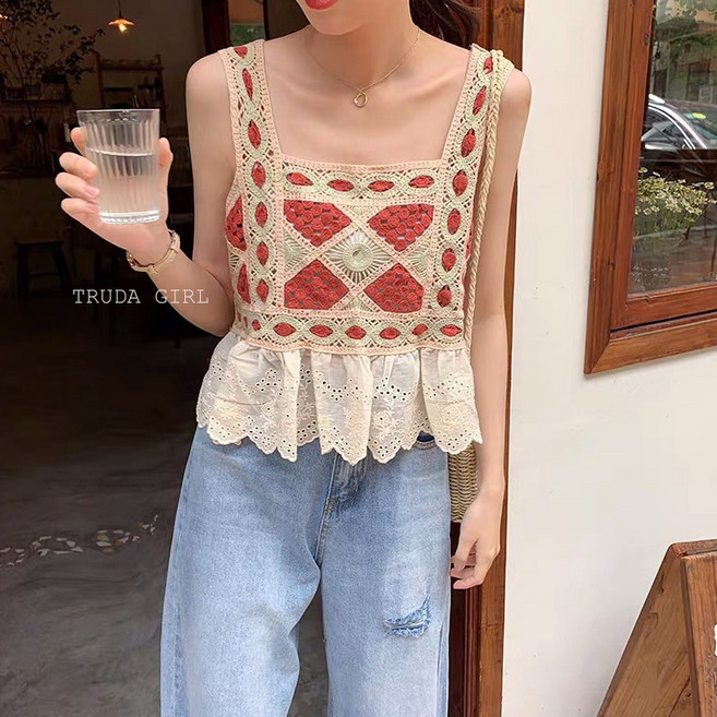 《杜達女孩》太陽系女神 針織鏤空鈎花吊帶背心 方領 波西米亞 女