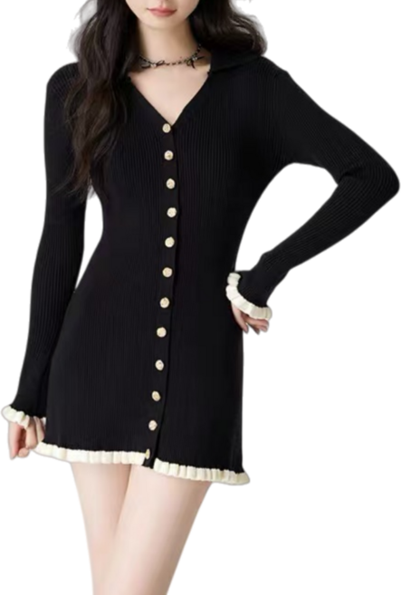 Makone 여성 브이넥 버튼 포인트 소매 밑단 프릴 패치 큐티 슬림핏 빈티지 니트 미니원피스