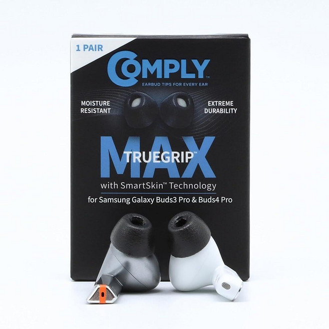 Comply TrueGrip MAX | 삼성 갤럭시 버드4 프로 버드3 프로용 프리미엄 메모리 폼 교체용 이어버드 팁 오래 지속 편안함 핏 소음 차단 블랙 스몰 1쌍 24765, TrueGrip MAX 블랙 1쌍, Small