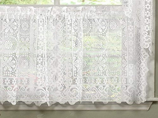 126846 Sweet Home COLLECTION 온 컬렉션 Old World STYLE 스타일 꽃무늬 헤비 레이스 주방 커튼 91.4cm(36인치) 층 호프웰 화이트