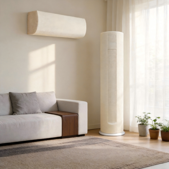 Maggoing 사계절 사용 가능 스트레치 원단 스탠드+벽걸이 에어컨 커버 먼지방지 거실용, 밀크 화이트