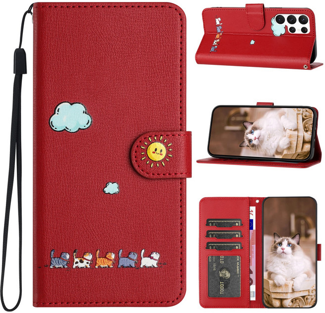 HODON 카드 지갑 가죽 스트랩 캐릭터 고양이 냐옹이 갤럭시 S20 S21 S22 S23 플러스 울트라 노트 9 10 20 A54 A34 A12 FE 전기종 적용 케이스