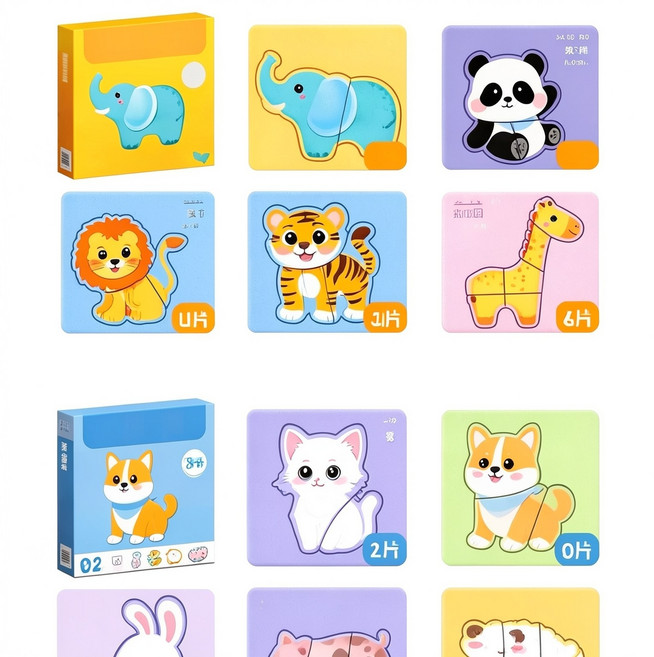 益智拼圖 2歲寶寶早教玩具, 動物世界 常見動物 / 共10張圖案, 1個
