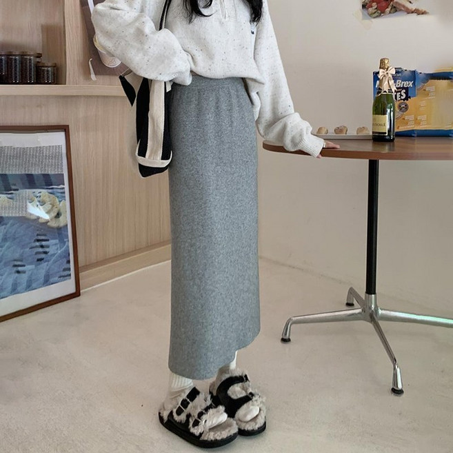 韓版高腰顯瘦針織長裙