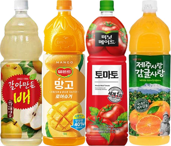 [한번에먹자] 1.5L 4종 과즙음료 혼합세트 ( 갈아만든배 + 망고 + 토마토 + 제주감귤 ), 4개