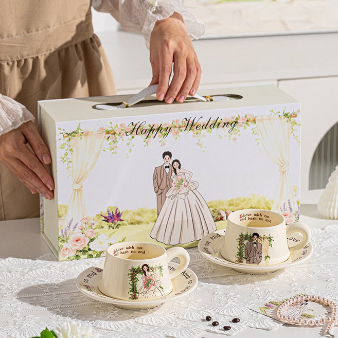 니치유 선물추천 신혼 커플 도자기 컵+받침 2P세트, 1세트, 베이지