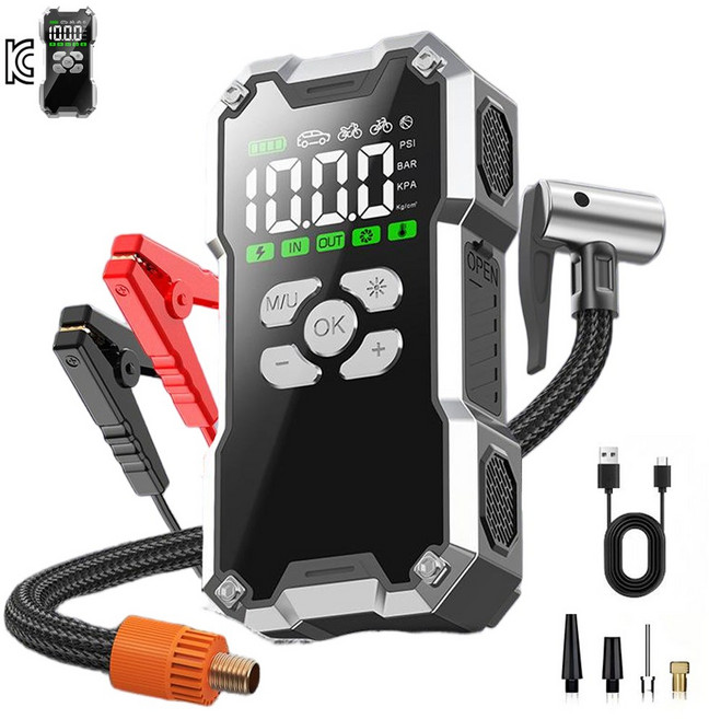 Shipshape 긴급시동 보조배터리 점프 스타터 타이어 공기압주입기 스마트 케이블 대용량 배터리 일체형 스마트시동 오토바이 보조배터리 긴급시동, 8000mAh, 1개