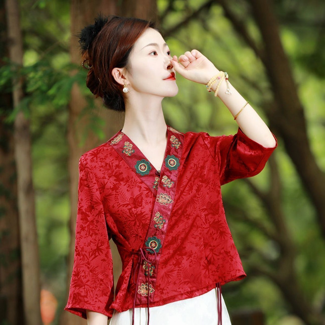 HANLIN 여자 여름 자수 7부소매 브이넥 쇼트 개량한복 T41212