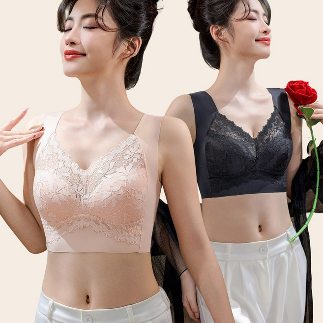 KAQIA 레이스 여성 브래지어 노와이어 패드일체형 빅사이즈 심리스 브라 2세트 WX2004