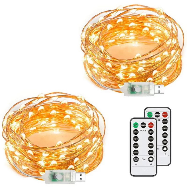 LED銅線燈串 附遙控器 USB供電 8模式 IP67防水 10米暖白光 聖誕裝飾燈, 1個